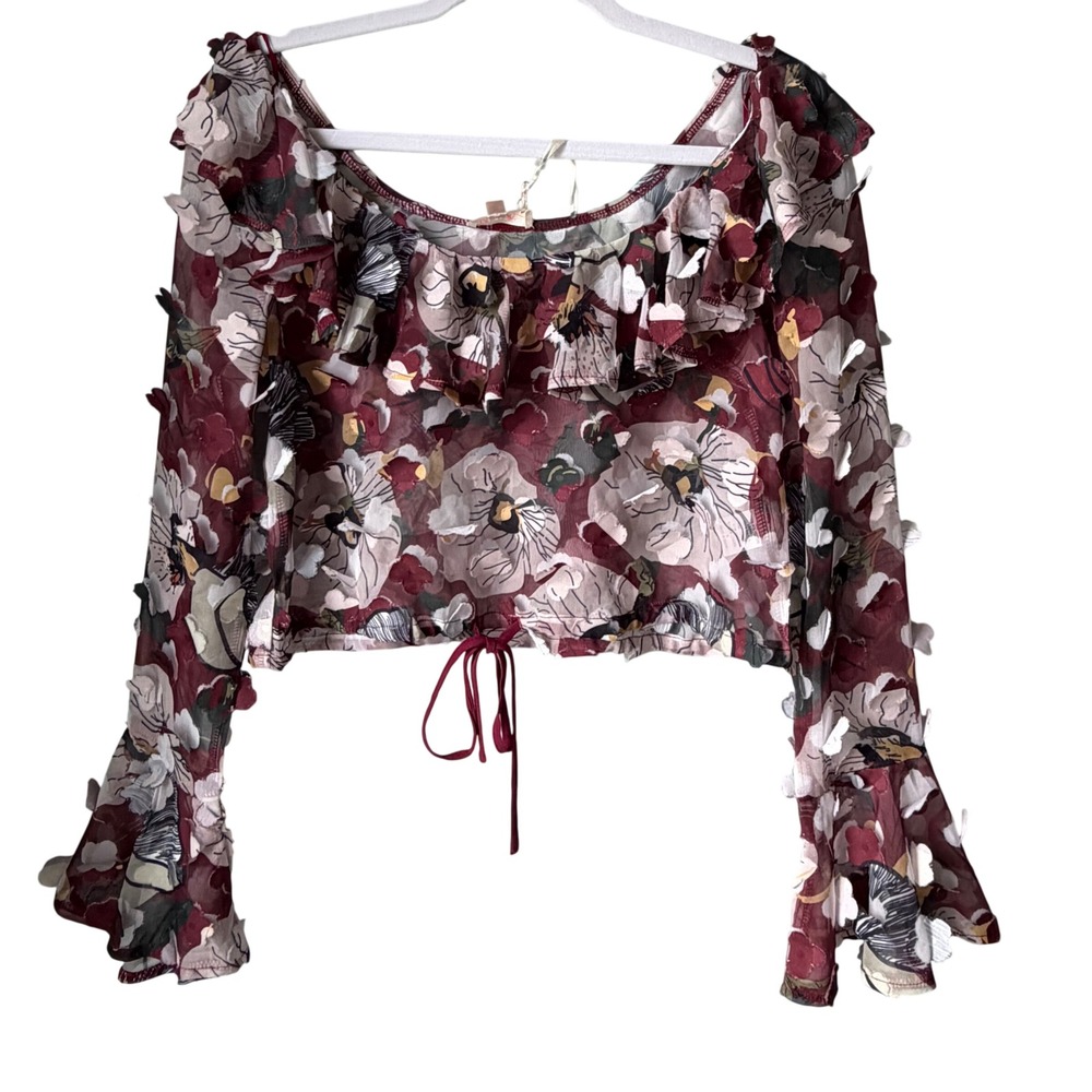 NEW Luxxel Sheer Crop Top Long Sleeve Burgundy Floral Ruffle Applique Small NWT